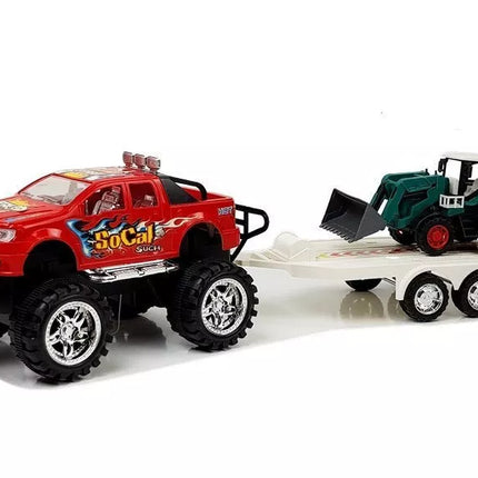 Transporto priemonių rinkinys su frikciniu visureigiu, raudonas automobilis ir ekskavatorius