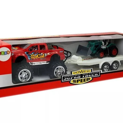 Transporto priemonių rinkinys su frikciniu visureigiu, raudonas automobilis ir ekskavatorius