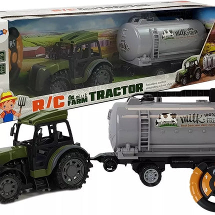 Žalias traktorius su pieno cisternos priekaba, valdomas nuotoliniu būdu, 2.4G