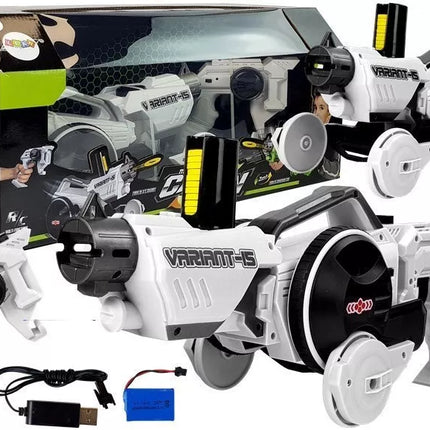 Automobilis-šaudyklė 2 viename, valdomas nuotoliniu būdu, šaudo putplasčio diskais, baltas