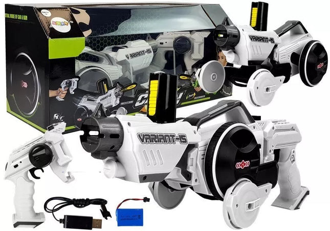 Automobilis-šaudyklė 2 viename, valdomas nuotoliniu būdu, šaudo putplasčio diskais, baltas