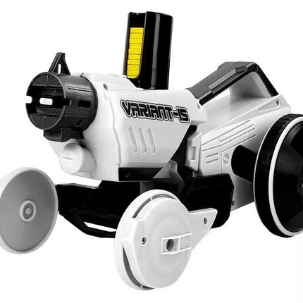 Automobilis-šaudyklė 2 viename, valdomas nuotoliniu būdu, šaudo putplasčio diskais, baltas