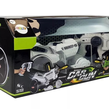 Automobilis-šaudyklė 2 viename, valdomas nuotoliniu būdu, šaudo putplasčio diskais, baltas