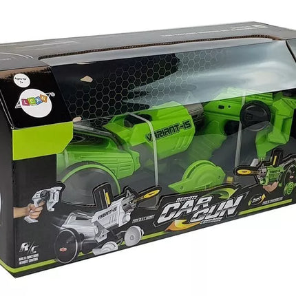 Automobilis-šaudyklė 2 viename, valdomas nuotoliniu būdu, šaudo putplasčio diskais, žalias