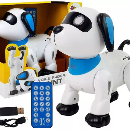 Balsu valdomas robotas šuo, valdomas nuotoliniu būdu, šoka, loja, vykdo komandas