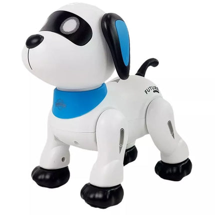 Balsu valdomas robotas šuo, valdomas nuotoliniu būdu, šoka, loja, vykdo komandas