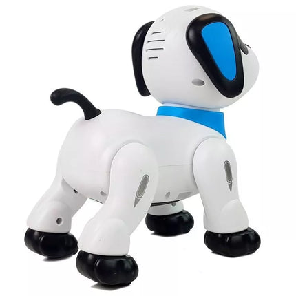 Balsu valdomas robotas šuo, valdomas nuotoliniu būdu, šoka, loja, vykdo komandas