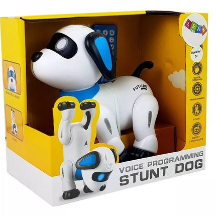 Balsu valdomas robotas šuo, valdomas nuotoliniu būdu, šoka, loja, vykdo komandas