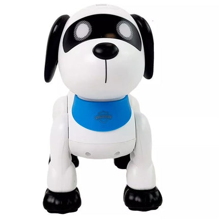 Balsu valdomas robotas šuo, valdomas nuotoliniu būdu, šoka, loja, vykdo komandas