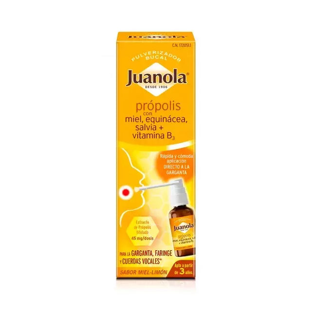 Juanola Propolio su medumi, ežiuole, šalaviju + vitaminas B3 purškalas į burną 30 ml