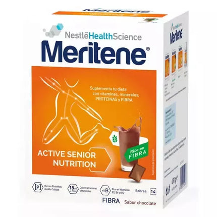 Meritene Active Senior Nutrition kokteilis su šokolado skoniu, turtingas skaidulomis, 14 pakelių