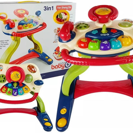 3 viename interaktyvus vaikiškas vežimėlis, kūdikio vairas, garsai, melodijos, gyvūnai