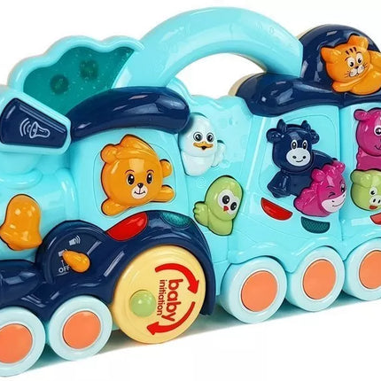 Interaktyvus žaislinis lokomotyvas vaikams, gyvūnų garsai, mėlynas