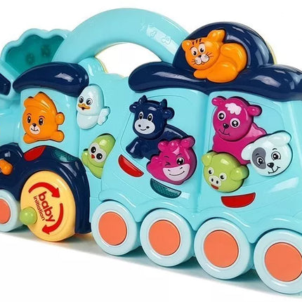 Interaktyvus žaislinis lokomotyvas vaikams, gyvūnų garsai, mėlynas