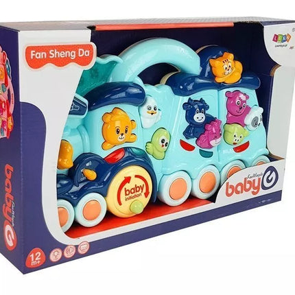Interaktyvus žaislinis lokomotyvas vaikams, gyvūnų garsai, mėlynas