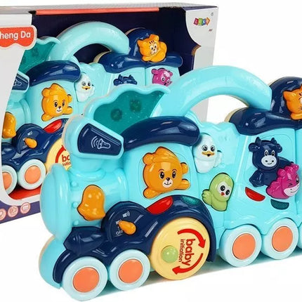 Interaktyvus žaislinis lokomotyvas vaikams, gyvūnų garsai, mėlynas