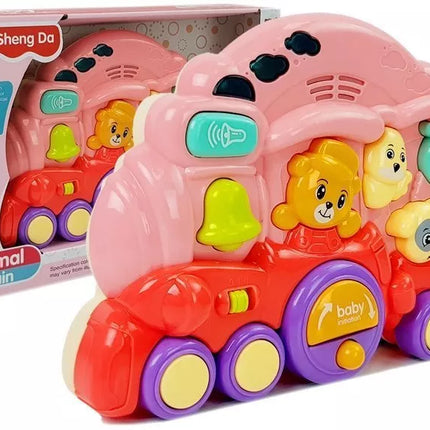 Interaktyvus rožinis traukinys su gyvūnais, gyvūnų garsais ir šviesos efektais