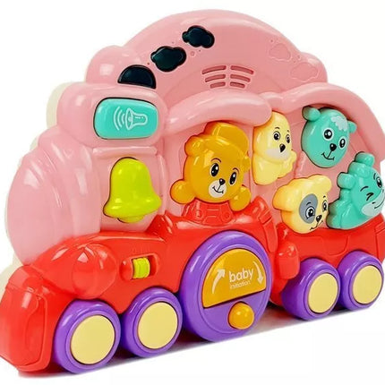 Interaktyvus rožinis traukinys su gyvūnais, gyvūnų garsais ir šviesos efektais