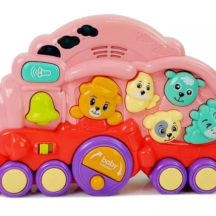 Interaktyvus rožinis traukinys su gyvūnais, gyvūnų garsais ir šviesos efektais