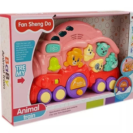 Interaktyvus rožinis traukinys su gyvūnais, gyvūnų garsais ir šviesos efektais