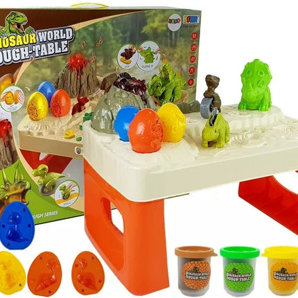 Žaidimų staliukas su plastilinu „Daisy“, dinozaurų kiaušinių formelės, ugnikalnis su švytinčia lava, 4 spalvos