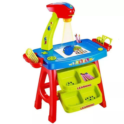 Edukacinis stalčius-stalas su projektoriumi, 36 paveikslėliais, kreidelėmis ir šablonais, mėlynos ir raudonos spalvos