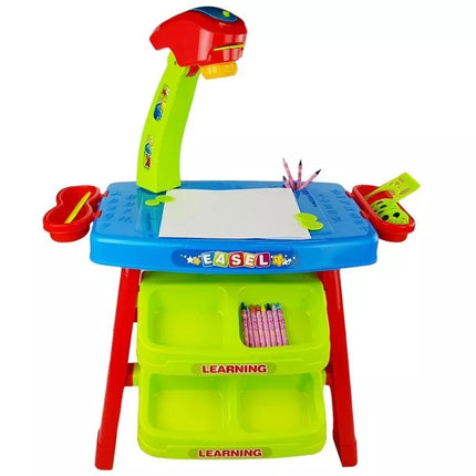 Edukacinis stalčius-stalas su projektoriumi, 36 paveikslėliais, kreidelėmis ir šablonais, mėlynos ir raudonos spalvos