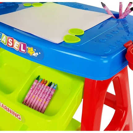 Edukacinis stalčius-stalas su projektoriumi, 36 paveikslėliais, kreidelėmis ir šablonais, mėlynos ir raudonos spalvos