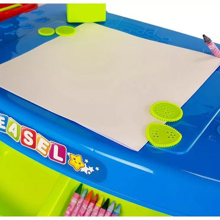 Edukacinis stalčius-stalas su projektoriumi, 36 paveikslėliais, kreidelėmis ir šablonais, mėlynos ir raudonos spalvos