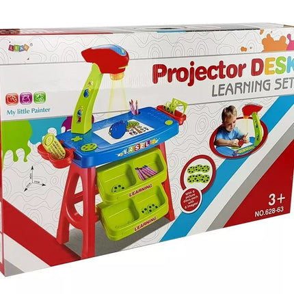 Edukacinis stalčius-stalas su projektoriumi, 36 paveikslėliais, kreidelėmis ir šablonais, mėlynos ir raudonos spalvos