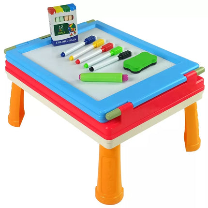 3 viename magnetinė-kreidinė lenta, mėlynas staliukas žaidimams