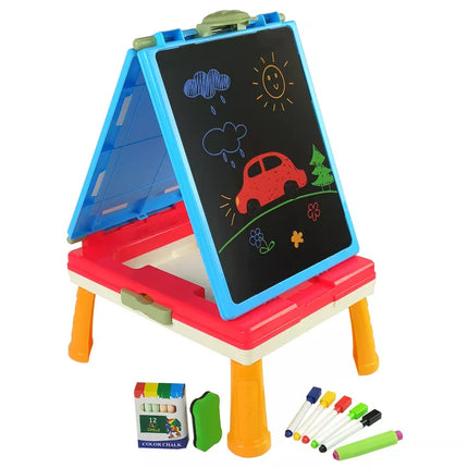 3 viename magnetinė-kreidinė lenta, mėlynas staliukas žaidimams