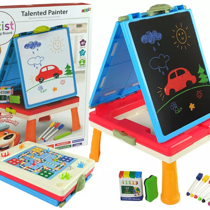 3 viename magnetinė-kreidinė lenta, mėlynas staliukas žaidimams