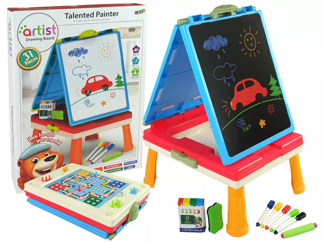 3 viename magnetinė-kreidinė lenta, mėlynas staliukas žaidimams