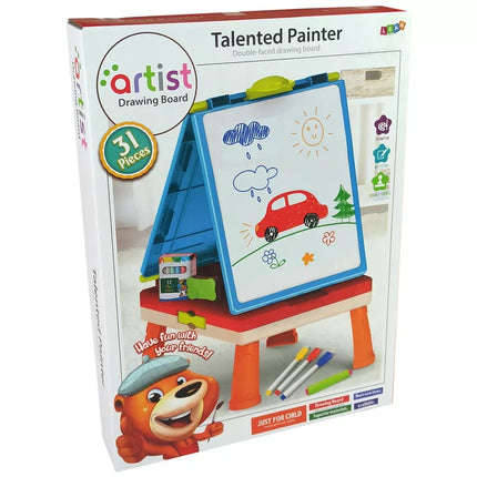 3 viename magnetinė-kreidinė lenta, mėlynas staliukas žaidimams