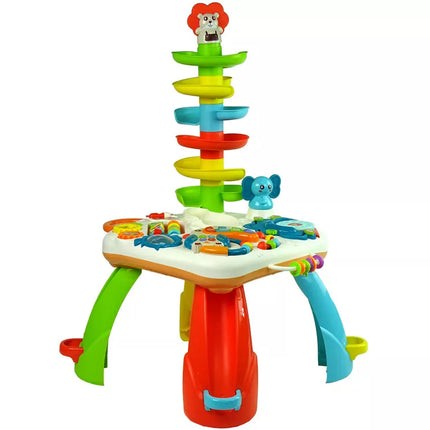 Edukacinis staliukas su čiuožykla kamuoliukams, pianinu, dėže ir dantračiais