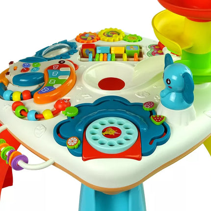 Edukacinis staliukas su čiuožykla kamuoliukams, pianinu, dėže ir dantračiais