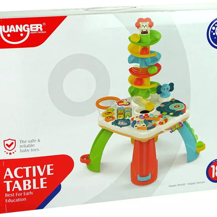 Edukacinis staliukas su čiuožykla kamuoliukams, pianinu, dėže ir dantračiais