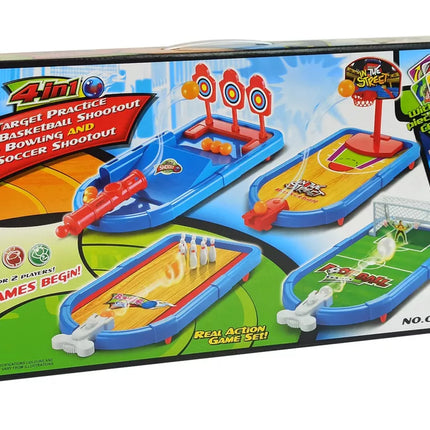 4-in-1 arkadinių žaidimų rinkinys: krepšinis, futbolas, skydas, boulingas ir smiginis