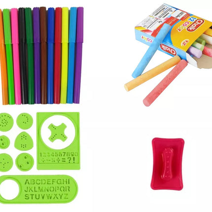 Dvipusė magnetinė lenta su kreida, mėlyni ir raudoni šablonai