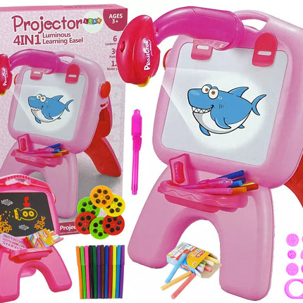 Dvipusė lenta, kreidelės, rašikliai, stovas, projektorius, paveikslėliai, rožinė