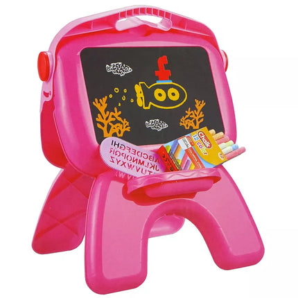 Dvipusė lenta, kreidelės, rašikliai, stovas, projektorius, paveikslėliai, rožinė