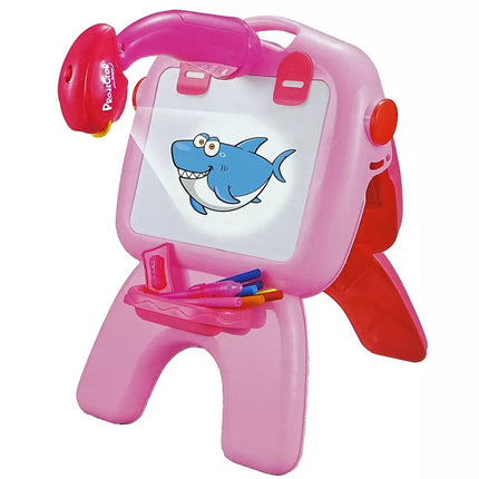 Dvipusė lenta, kreidelės, rašikliai, stovas, projektorius, paveikslėliai, rožinė