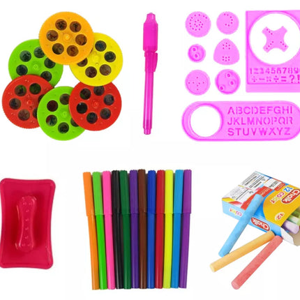 Dvipusė lenta, kreidelės, rašikliai, stovas, projektorius, paveikslėliai, rožinė