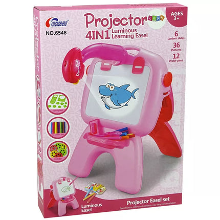 Dvipusė lenta, kreidelės, rašikliai, stovas, projektorius, paveikslėliai, rožinė