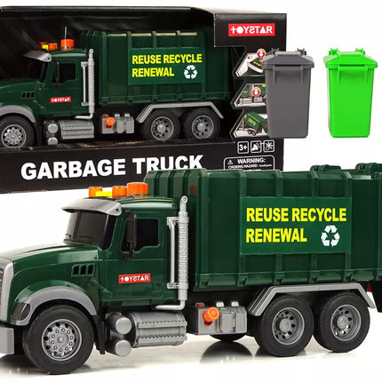 Šiukšliavežės konteineriai, tamsiai žali, su garsais ir šviesomis