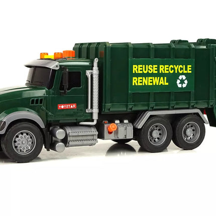 Šiukšliavežės konteineriai, tamsiai žali, su garsais ir šviesomis