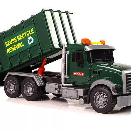 Šiukšliavežės konteineriai, tamsiai žali, su garsais ir šviesomis