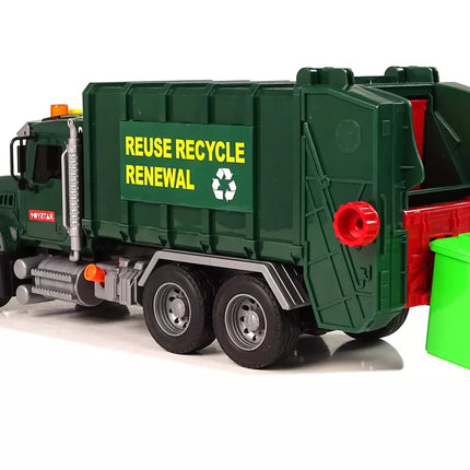 Šiukšliavežės konteineriai, tamsiai žali, su garsais ir šviesomis