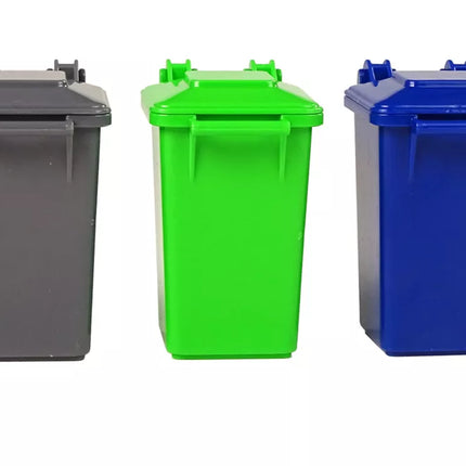 Šiukšliavežės konteineriai, tamsiai žali, su garsais ir šviesomis